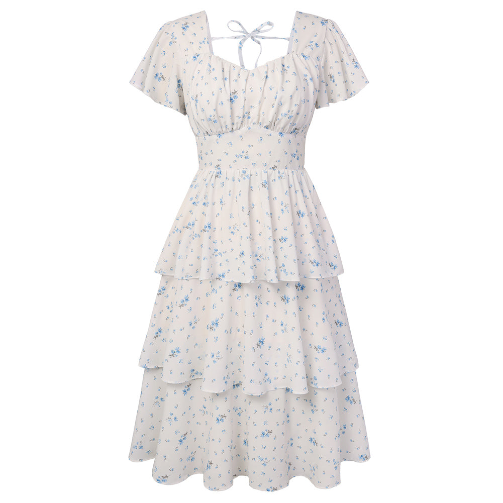 belle poque Vintage Dress 2026 Summer Layered Tiered Ruffle Swing Midi Dress Blue Floral