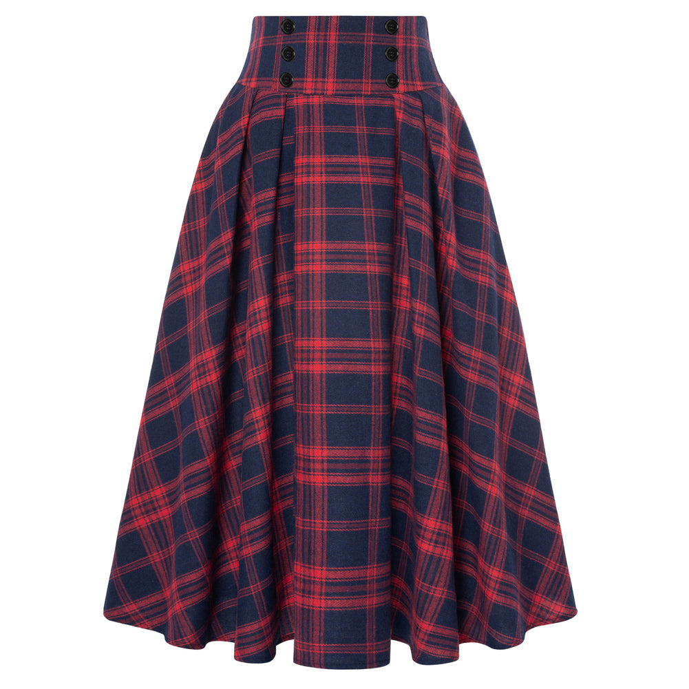 belle poque Plaid Skirts for Women High Waisted Midi Skirt A-line Pleated Fall Skirts 2025 Red