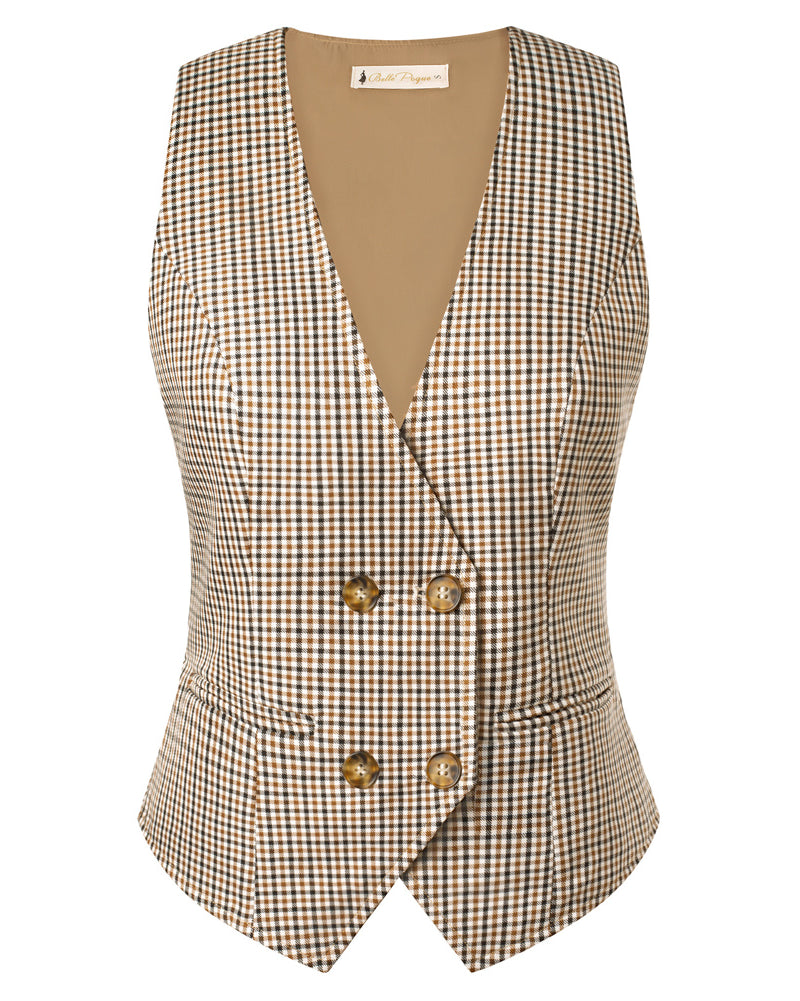belle poque Women Double Breasted Vest Coat V-Neck Handkerchief Hem Business Waistcoat Brown