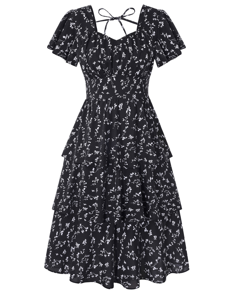 belle poque Vintage Dress 2026 Summer Layered Tiered Ruffle Swing Midi Dress Black 2