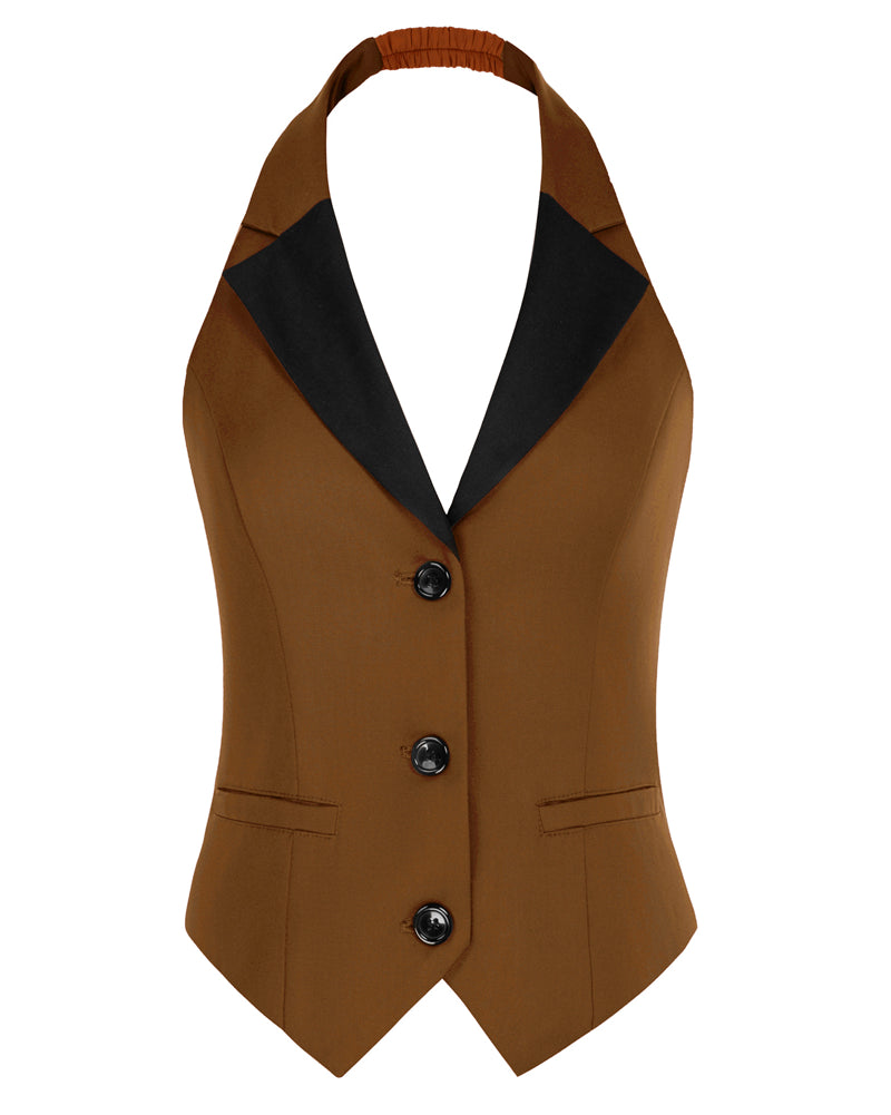 belle poque Waistcoat Vest Vintage Halter Lapel Button Down Suit Vest with Pockets Brown