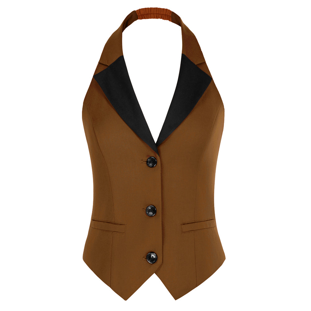 belle poque Waistcoat Vest Vintage Halter Lapel Button Down Suit Vest with Pockets Brown