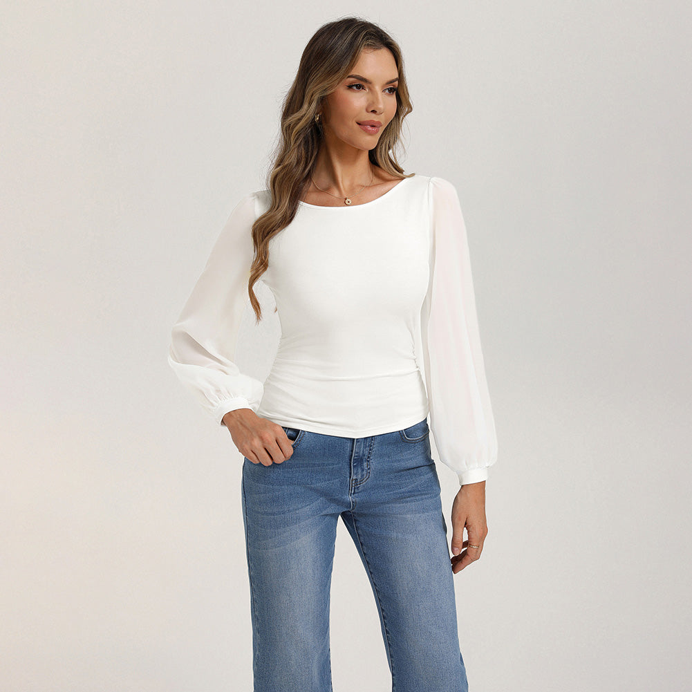 belle poque Women's Mesh Long Sleeve Tops Bow Tie Back Dressy Blouses