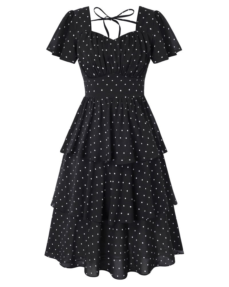 belle poque Vintage Dress 2026 Summer Layered Tiered Ruffle Swing Midi Dress Polka Dots