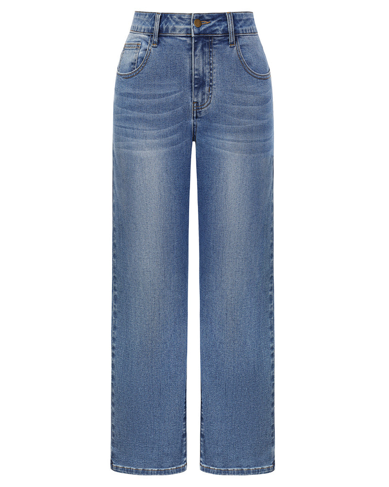 belle poque Women Wide Leg Jeans Mid Rise Straight Leg Ankle Jeans with Pockets Blue