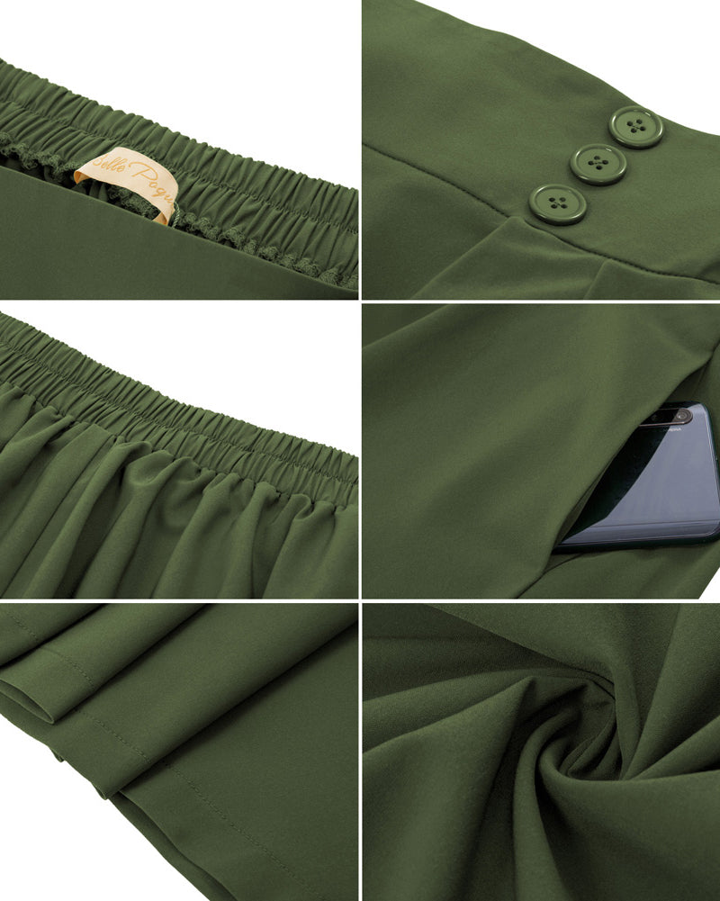 belle poque Women's Vintage Pleated Buttons Elastic Waist High A-Line Skirt