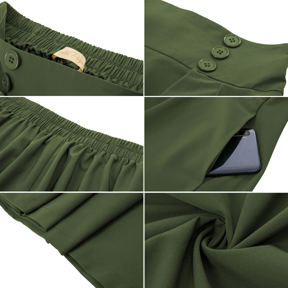 belle poque Women's Vintage Pleated Buttons Elastic Waist High A-Line Skirt