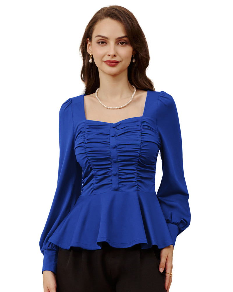 belle poque Women Vintage Ruched Tops Puffed Long Sleeve Peplum Hem Tops