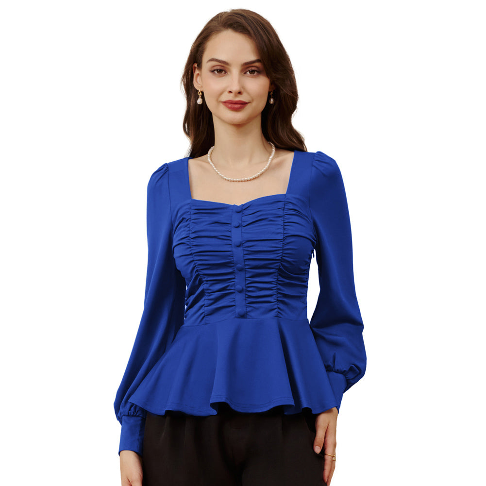 belle poque Women Vintage Ruched Tops Puffed Long Sleeve Peplum Hem Tops