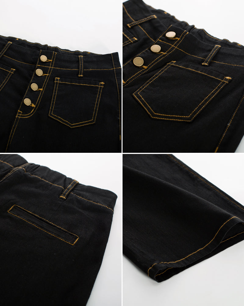 belle poque Vintage Straight Leg High Waisted Elastic Waist Multi-Pocket Flare Denim Pants