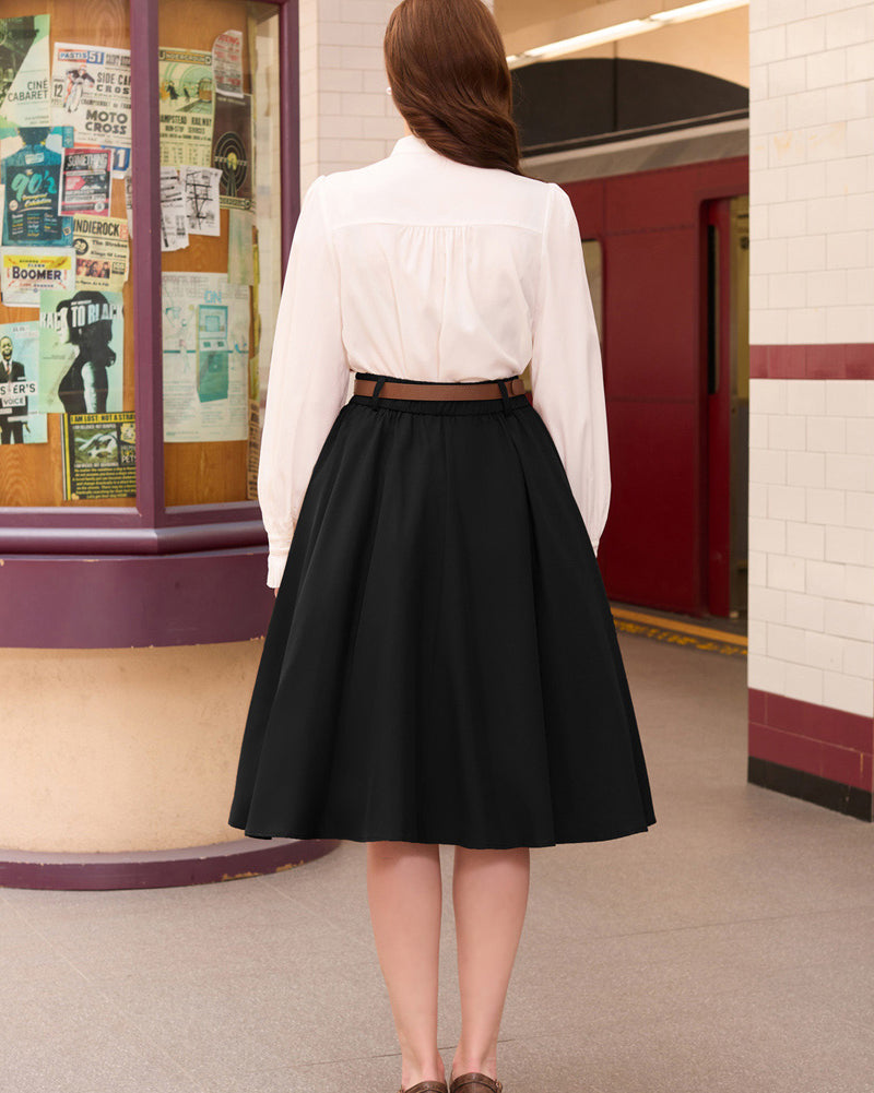 belle poque Swing Skirt with Belt Elastic High Waist Buttons Decorated Skirt
