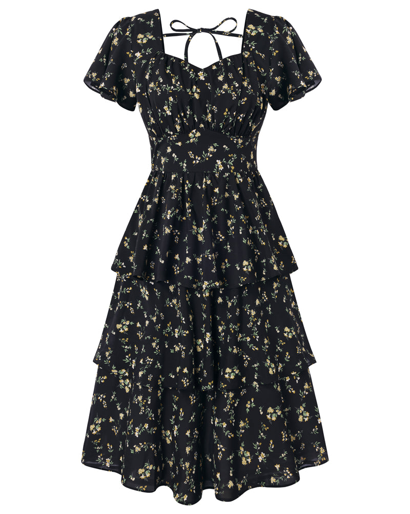 belle poque Vintage Dress 2026 Summer Layered Tiered Ruffle Swing Midi Dress Black 3