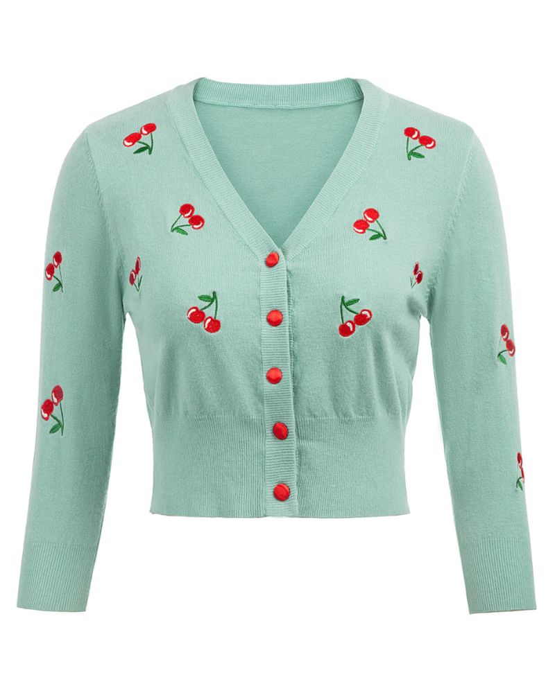 belle poque 3/4 Sleeve V-Neck Button Down Cherries Embroidery Cropped Cardigan Sweater Coat