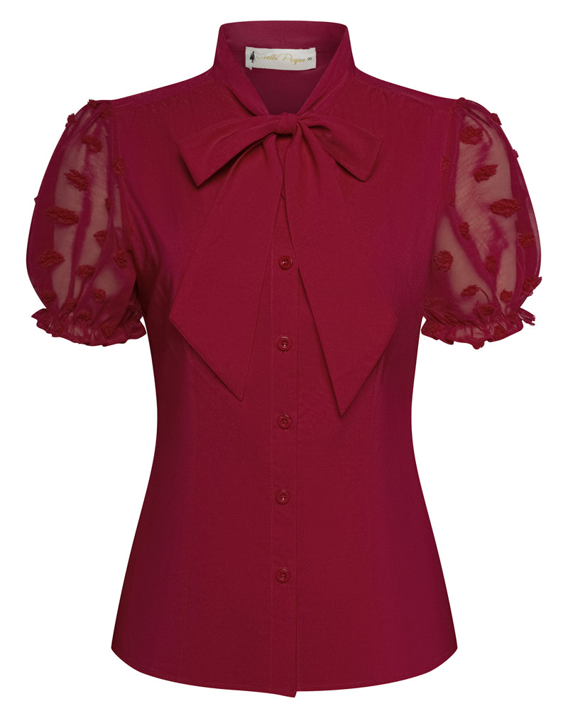 belle poque Bow-Knot Decorated Shirt Short Sleeve Stand Collar Tops Red