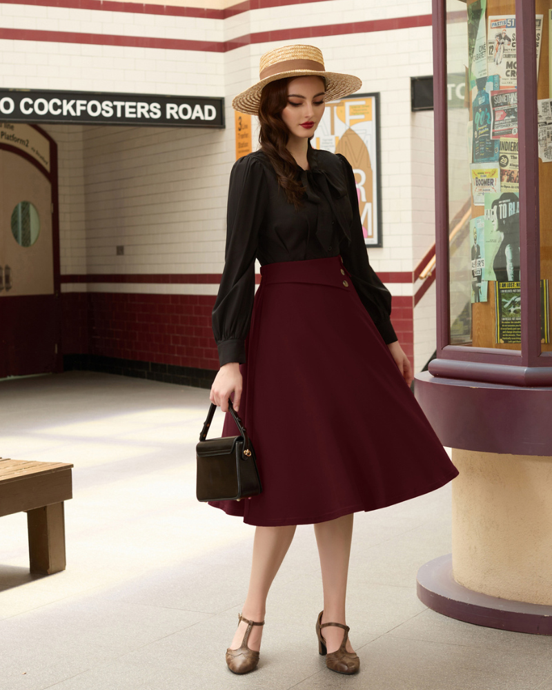 belle poque Vintage A-Line Skirt High Waisted Midi Skirt with Pockets & Buttons