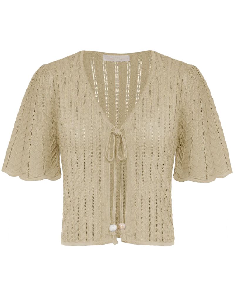 belle poque Summer Lightweight Bolero Shrug Tie Front 1/2 Sleeve Open Front Knit Cropped Cardigan Khaki