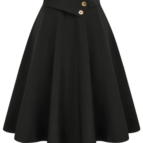 belle poque Vintage A-Line Skirt High Waisted Midi Skirt with Pockets & Buttons Black