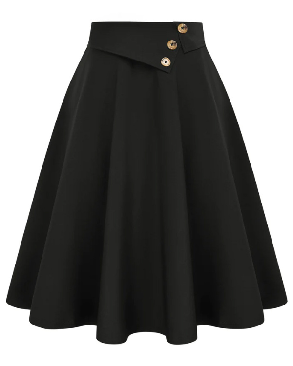 belle poque Vintage A-Line Skirt High Waisted Midi Skirt with Pockets & Buttons Black