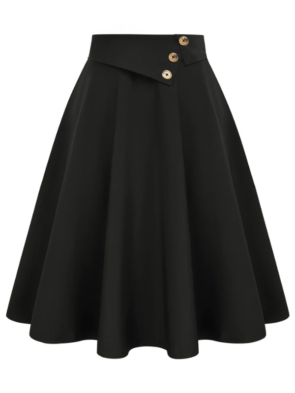 belle poque Vintage A-Line Skirt High Waisted Midi Skirt with Pockets & Buttons Black