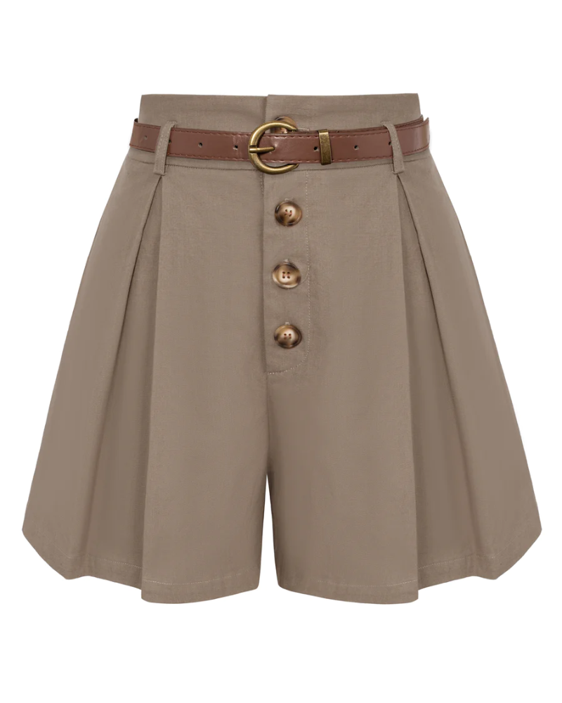 belle poque Womens Shorts Casual High Waisted Summer Pleated Wide Leg Shorts with Pockets and Belt Khaki