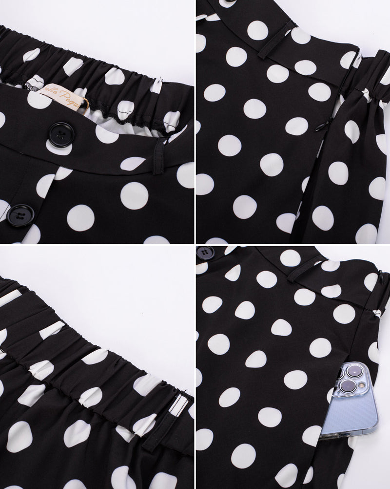 belle poque Swing Skirt with Belt Elastic High Waist Buttons Decorated Skirt