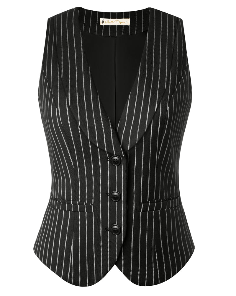 belle poque Vintage Lapel Collar Suit Vest Tops for Women Work Dressy Waistcoat Blazer with Pockets Black