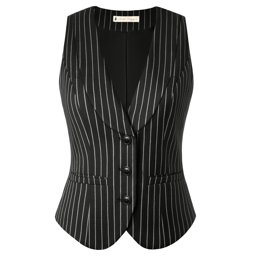 belle poque Vintage Lapel Collar Suit Vest Tops for Women Work Dressy Waistcoat Blazer with Pockets Stripe
