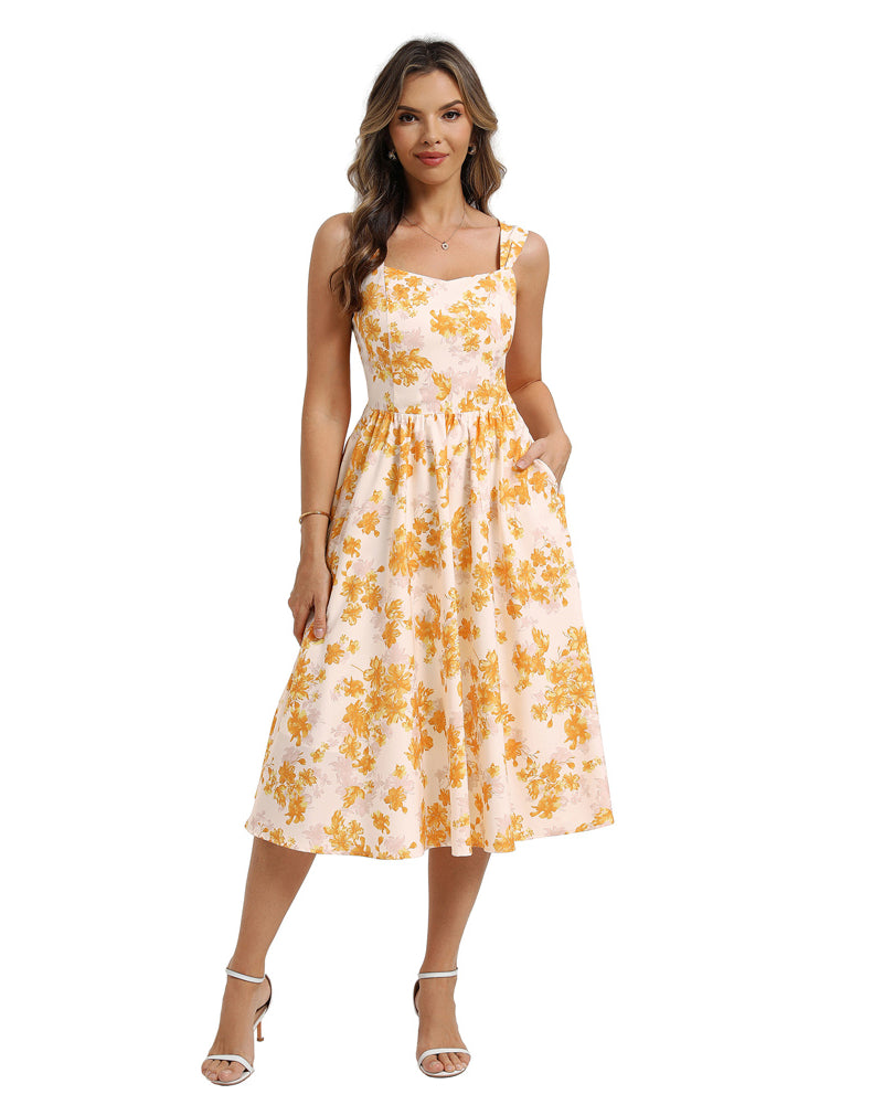 belle poque Women's Floral Midi Sundress with Pockets Spring Summer Dresses for Wedding Guest
