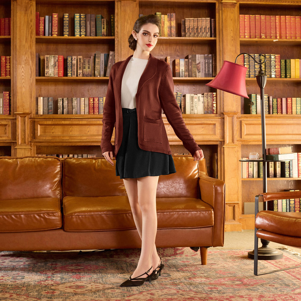 belle poque Vintage Cardigan Sweater Blazer V Neck Shawl Lapel Collar with Pockets