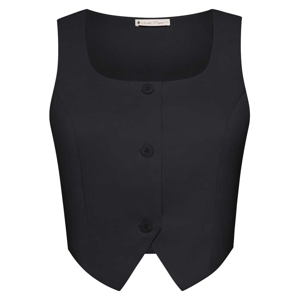 belle poque Women Vintage Handkerchief Hem Vest Square Neck Cropped Length Vest Coat Black