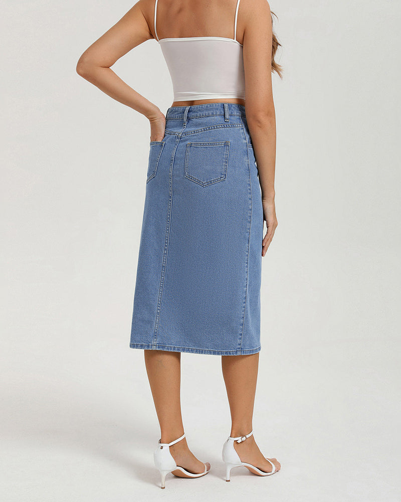 belle poque 1980s Vintage Jean Skirts for Women Front Slit Midi Work Skirt with Pockets