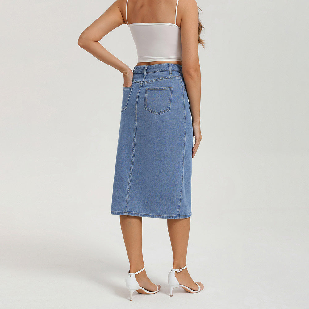 belle poque 1980s Vintage Jean Skirts for Women Front Slit Midi Skirt with Pockets