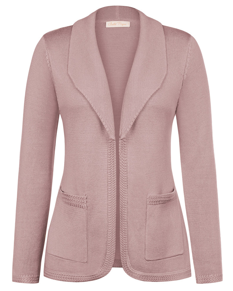 belle poque Vintage Cardigan Sweater Blazer V Neck Shawl Lapel Collar with Pockets Light Pink