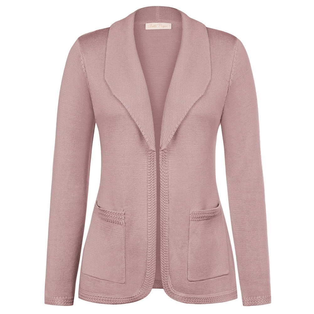belle poque Vintage Cardigan Sweater Blazer V Neck Shawl Lapel Collar with Pockets Light Pink