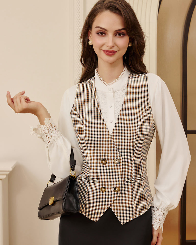 belle poque Women Double Breasted Vest Coat V-Neck Handkerchief Hem Business Waistcoat