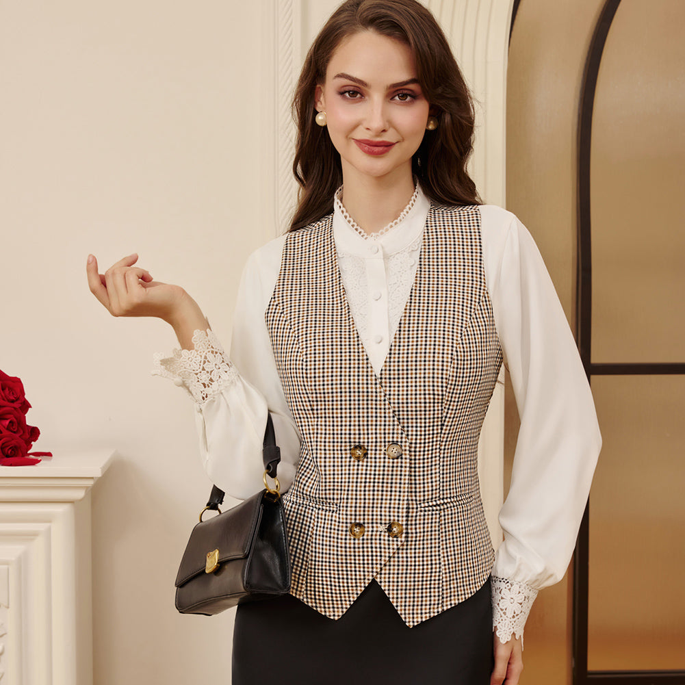 belle poque Women Double Breasted Vest Coat V-Neck Handkerchief Hem Business Waistcoat
