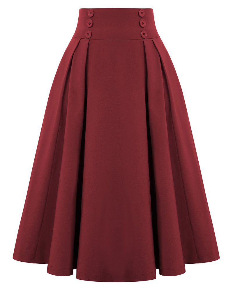 belle poque Women's Vintage Pleated Buttons Elastic Waist High A-Line Skirt Wine