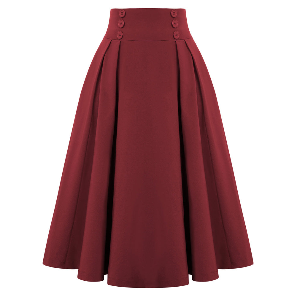 belle poque Women's Vintage Pleated Buttons Elastic Waist High A-Line Skirt Wine