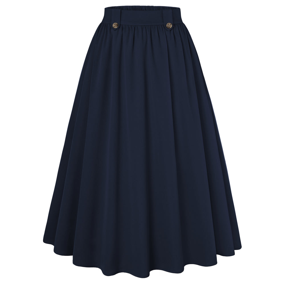 belle poque Women Vintage Swing Skirt Elastic Waist Mid-Calf Length A-Line Skirt Navy Blue