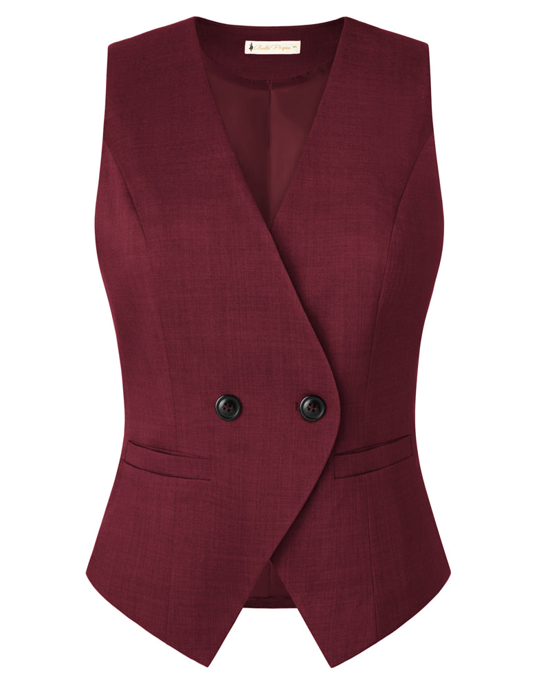 belle poque Women Handkerchief Hem Vest Coat Surplice V-Neck Slit Back Waistcoat Wine