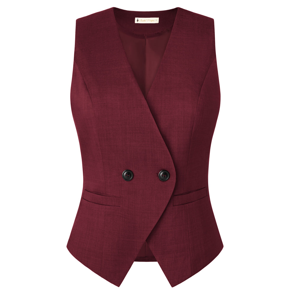 belle poque Women Handkerchief Hem Vest Coat Surplice V-Neck Slit Back Waistcoat Wine