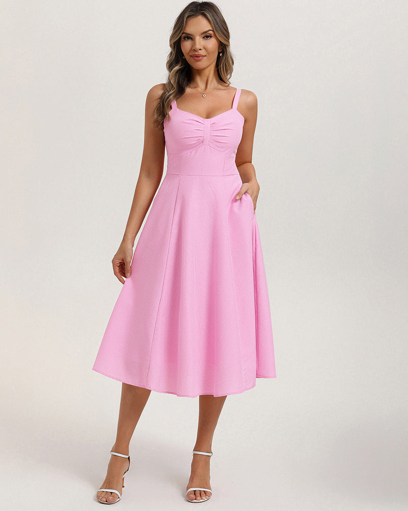belle poque 1950s Vintage Gingham Dress for Women Sweetheart Neckline Dresses with Pockets