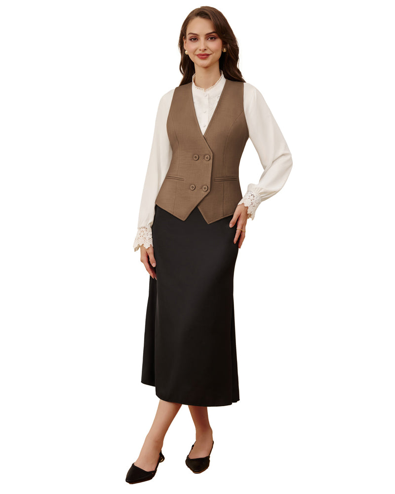 belle poque Women Double Breasted Vest Coat V-Neck Handkerchief Hem Business Waistcoat