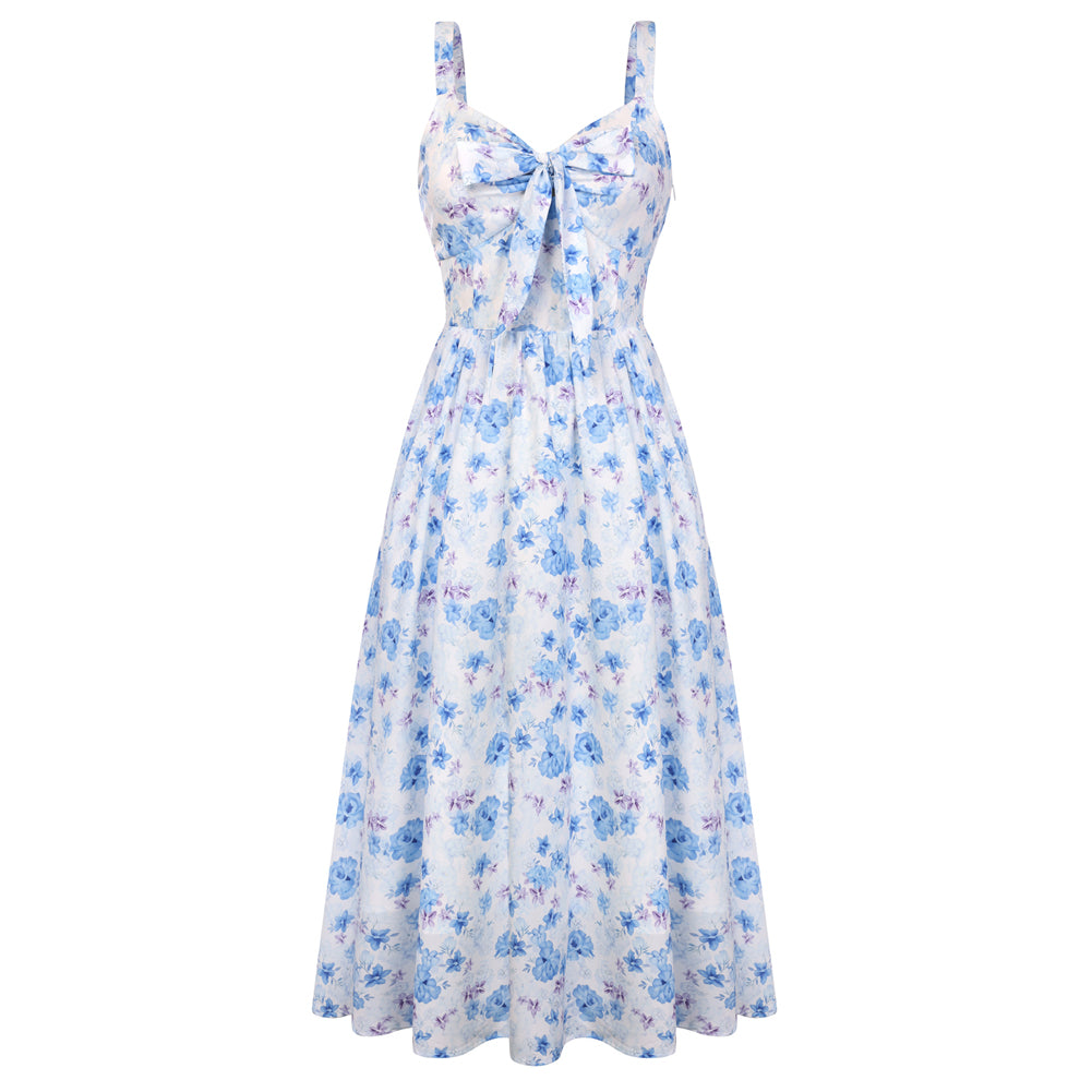 belle poque 2026 Womens Summer Dresses Floral Corset Dress Tie Front Cottagecore Dress Blue