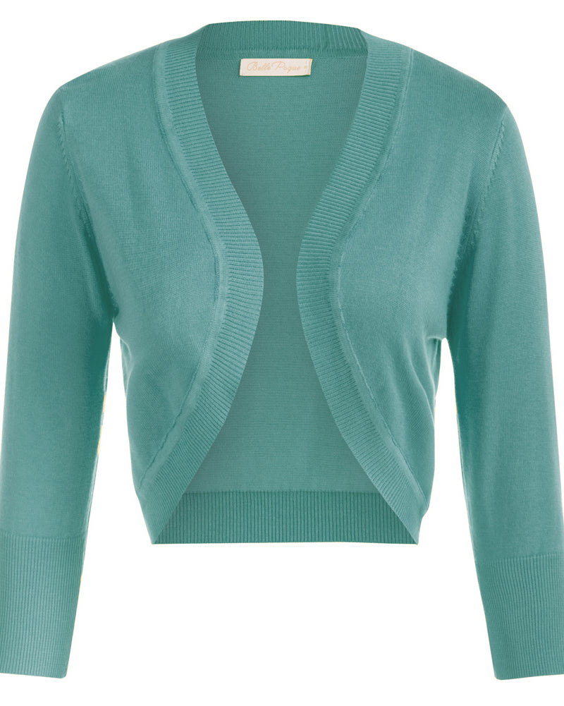 belle poque 3/4 Sleeve Bolero Shrug Open Front Knit Cropped Cardigan Sweater Green