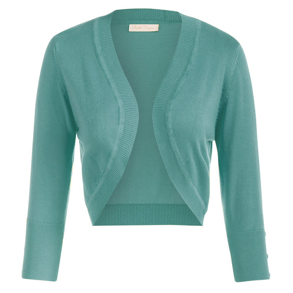 belle poque 3/4 Sleeve Bolero Shrug Open Front Knit Cropped Cardigan Sweater Green