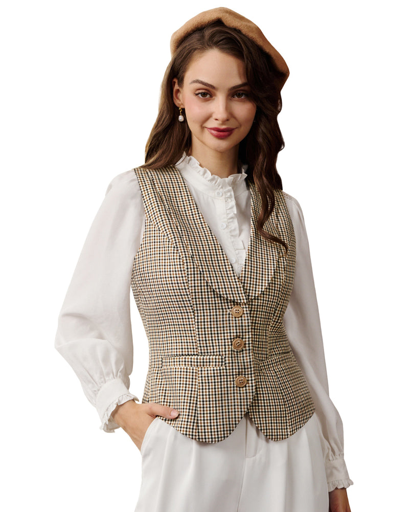 belle poque Vintage Lapel Collar Suit Vest Tops for Women Work Dressy Waistcoat Blazer with Pockets