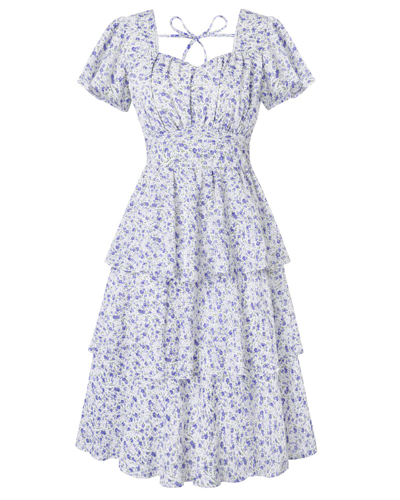 belle poque Vintage Dress 2026 Summer Layered Tiered Ruffle Swing Midi Dress Purple Floral