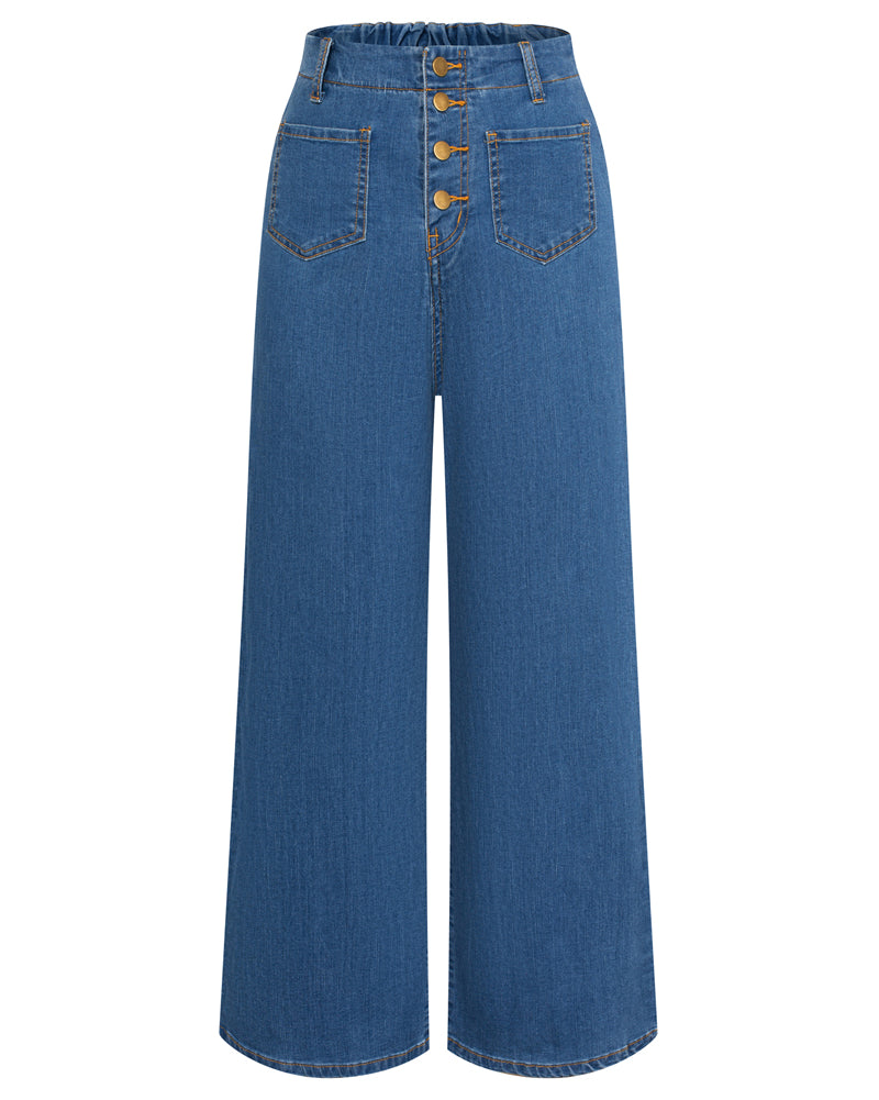 belle poque Vintage Straight Leg High Waisted Elastic Waist Multi-Pocket Flare Denim Pants