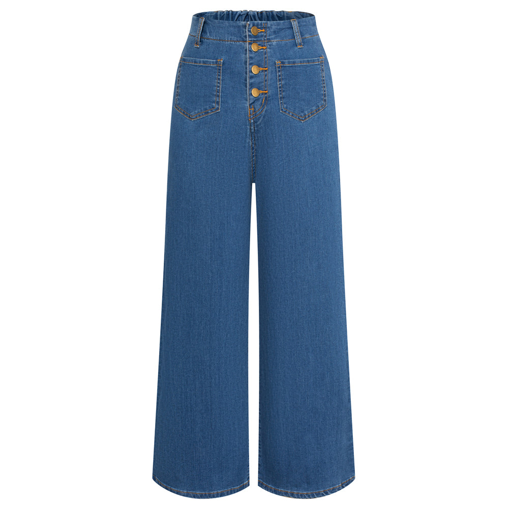 belle poque Vintage Straight Leg High Waisted Elastic Waist Multi-Pocket Flare Denim Pants